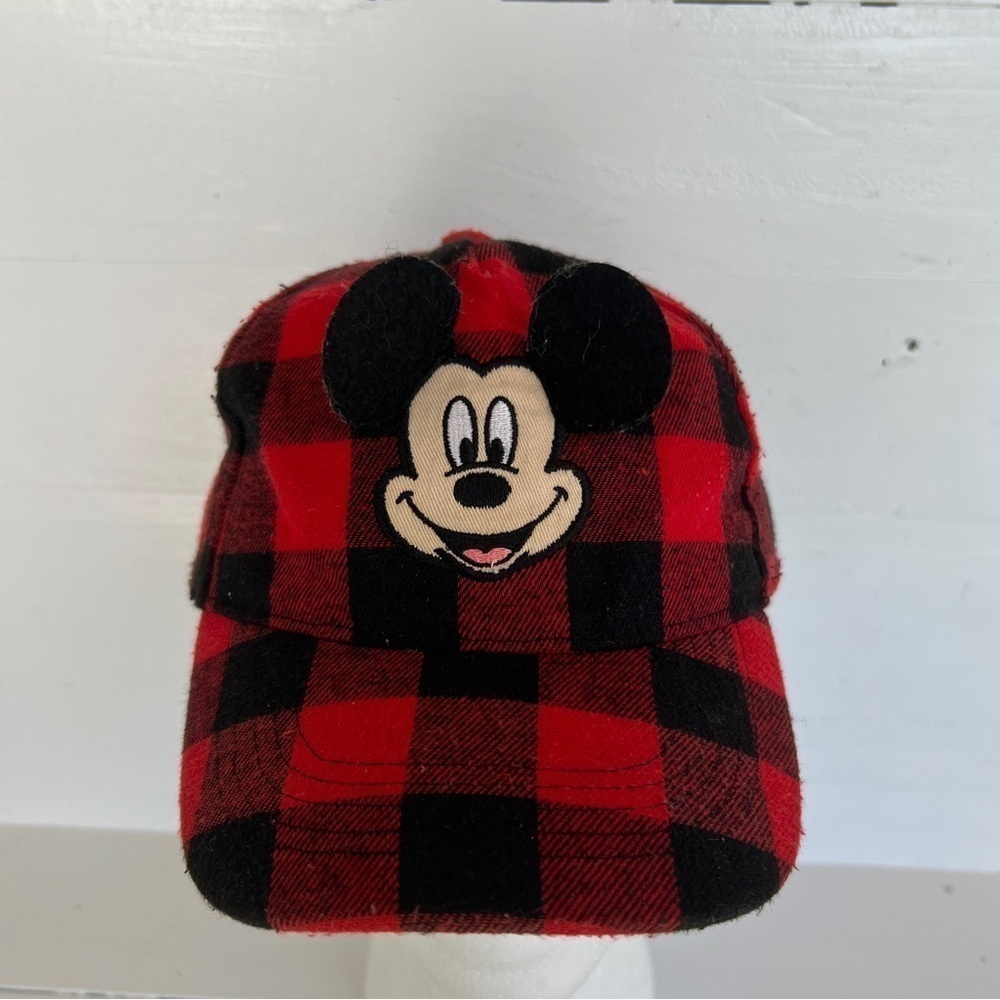 Disney Red Black Flannel Mickey Mouse Cap Hat Winter Vintage Hook And Loop OS